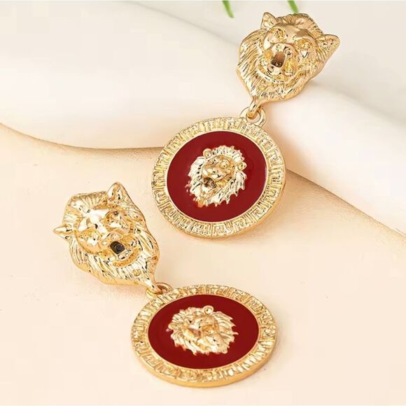 Gold & Red Lion Earrings - Picture 1 of 5